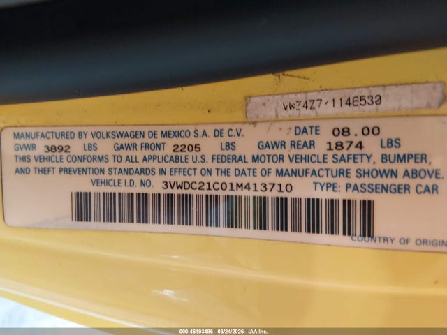 2001 Volkswagen New Beetle Glx მანქანა იყიდება აუქციონზე, vin: 3VWDC21C01M413710, აუქციონის ნომერი: 46193486