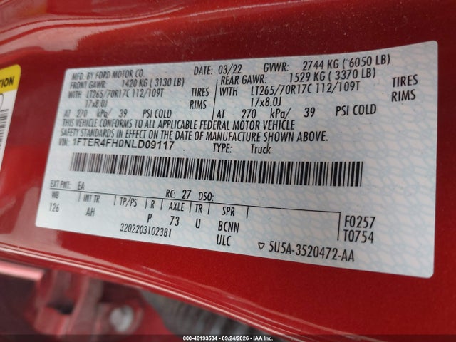 46193504 :رقم المزاد ، 1FTER4FH0NLD09117 vin ، 2022 Ford Ranger Xlt مزاد بيع