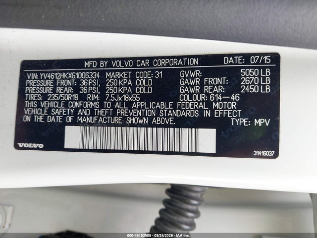 46193505 :رقم المزاد ، YV4612HKXG1006334 vin ، 2016 Volvo V60 Cross Country T5 مزاد بيع