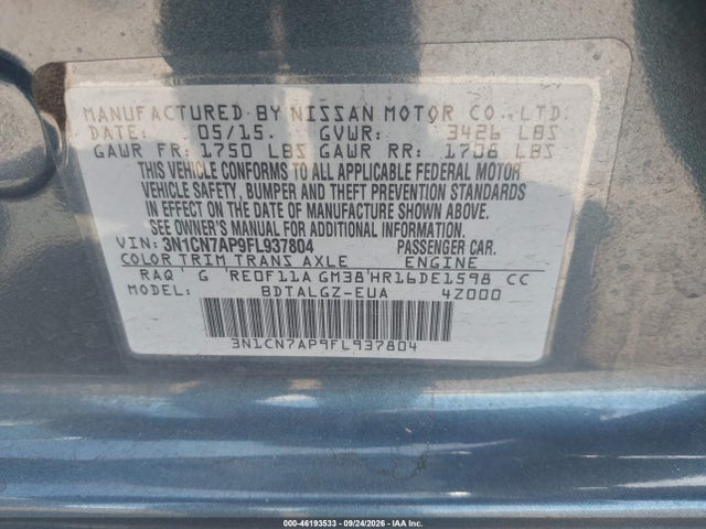 Aukcja sprzedaży 2015 Nissan Versa 1.6 Sl, vin: 3N1CN7AP9FL937804, numer aukcji: 46193533