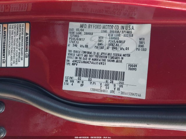 46193536 :رقم المزاد ، 4M2ZU86K74UJ14931 vin ، 2004 Mercury Mountaineer مزاد بيع