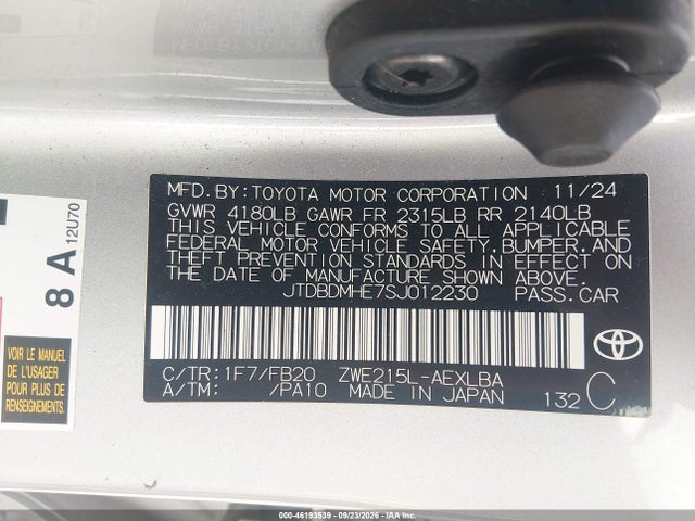 Aukcja sprzedaży 2025 Toyota Corolla Hybrid Le, vin: JTDBDMHE7SJ012230, numer aukcji: 46193539