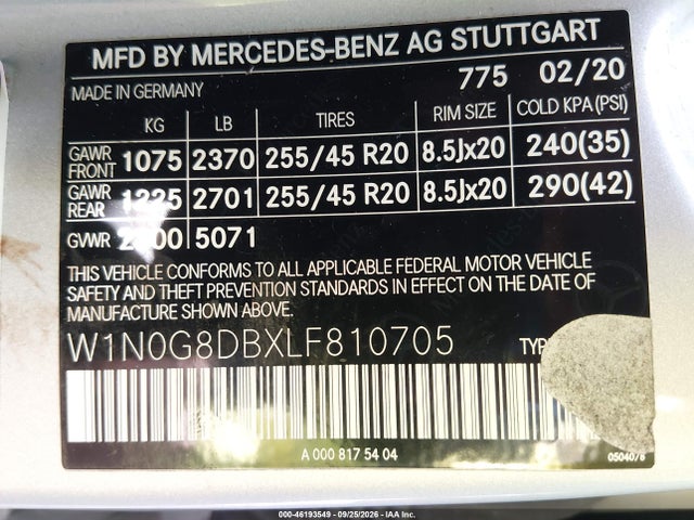 46193549 :رقم المزاد ، W1N0G8DBXLF810705 vin ، 2020 Mercedes-benz Glc 300 مزاد بيع
