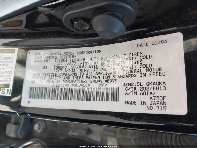 Aukcja sprzedaży 2004 Toyota 4runner Sr5 Sport V8, vin: JTEBT14R340034904, numer aukcji: 46193552