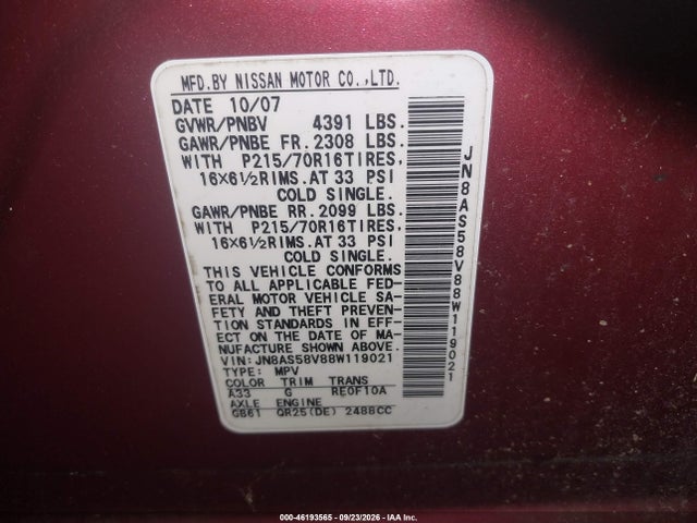 Aukcja sprzedaży 2008 Nissan Rogue S, vin: JN8AS58V88W119021, numer aukcji: 46193565