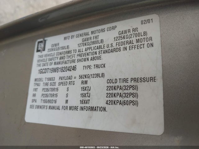 Продажа на аукционе авто 2001 Chevrolet S-10 Ls, vin: 1GCDT19W818204246, номер лота: 46193583