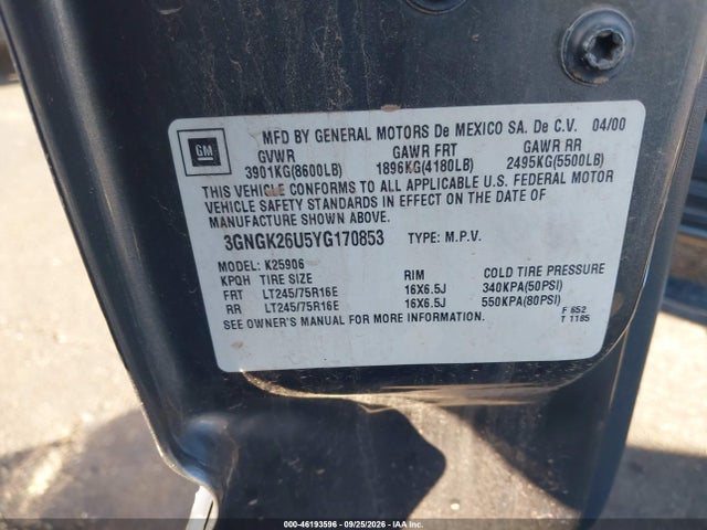 Aukcja sprzedaży 2000 Chevrolet Suburban Lt, vin: 3GNGK26U5YG170853, numer aukcji: 46193596