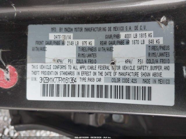 2015 Mazda Mazda3 I Sport მანქანა იყიდება აუქციონზე, vin: 3MZBM1K77FM161364, აუქციონის ნომერი: 46193599