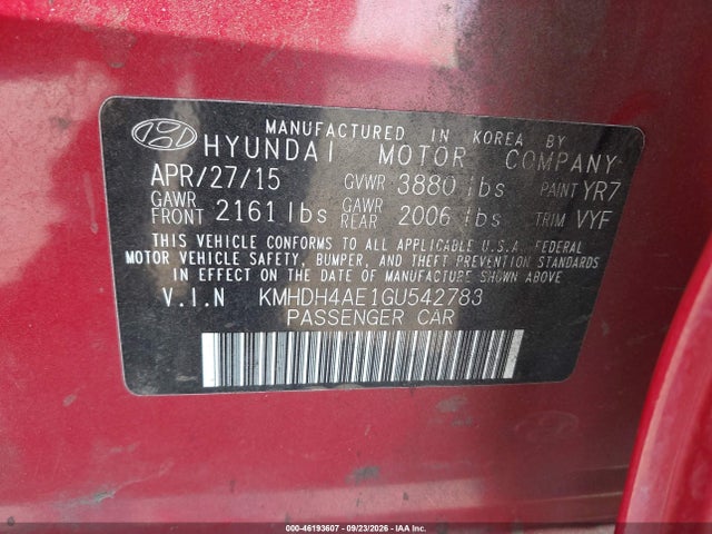 Продаж на аукціоні авто 2016 Hyundai Elantra Se, vin: KMHDH4AE1GU542783, номер лоту: 46193607