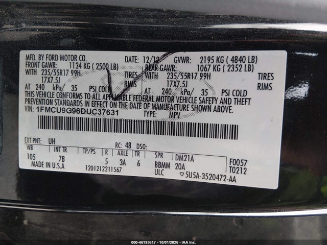 46193617 :رقم المزاد ، 1FMCU9G96DUC37631 vin ، 2013 Ford Escape Se مزاد بيع