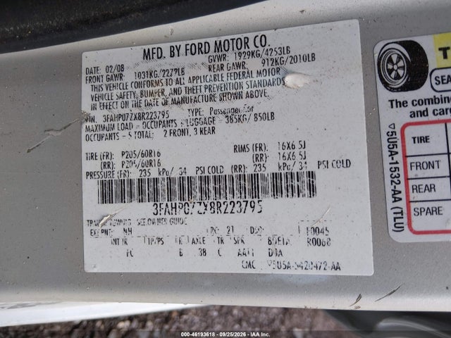 46193618 :رقم المزاد ، 3FAHP07ZX8R223795 vin ، 2008 Ford Fusion Se مزاد بيع