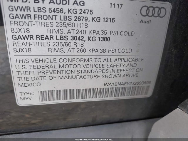 Продаж на аукціоні авто 2018 Audi Q5 2.0t Premium/2.0t Tech Premium, vin: WA1BNAFY2J2093696, номер лоту: 46193625