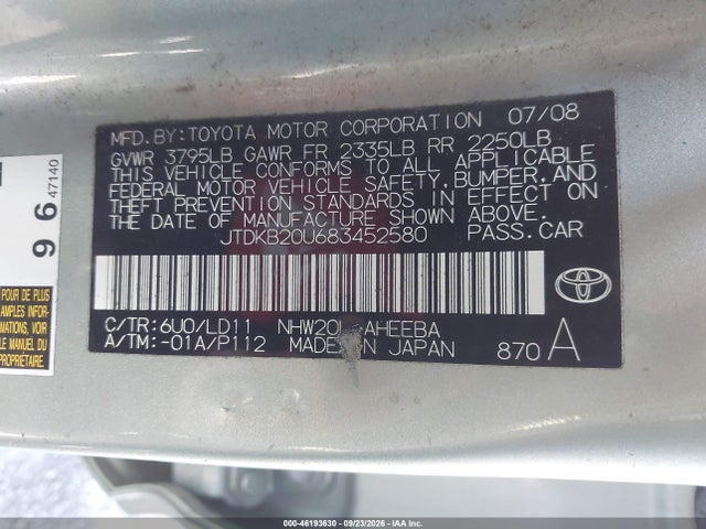 46193630 :رقم المزاد ، JTDKB20U683452580 vin ، 2008 Toyota Prius Touring مزاد بيع