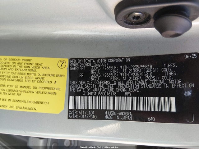 46193644 :رقم المزاد ، JTJHW31U660016178 vin ، 2006 Lexus Rx 400h مزاد بيع