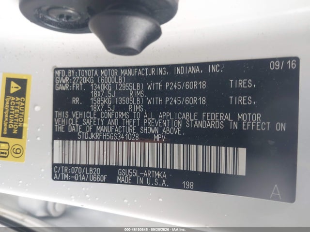Toyota Highlander Xle V6 2016 5TDJKRFH5GS341028 Image 9