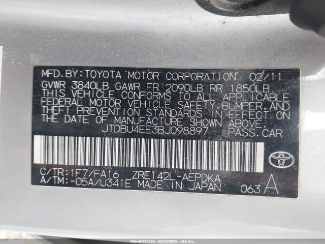 46193652 :رقم المزاد ، JTDBU4EE3BJ098897 vin ، 2011 Toyota Corolla مزاد بيع