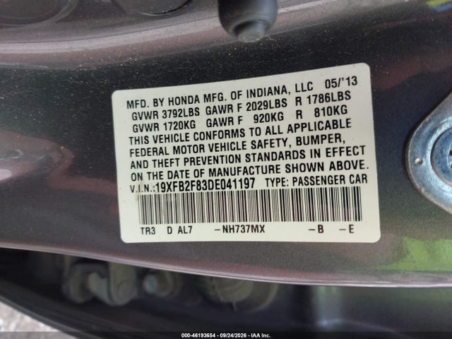 Продаж на аукціоні авто 2013 Honda Civic Sdn Ex, vin: 19XFB2F83DE041197, номер лоту: 46193654