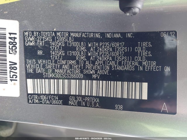 2012 Toyota Sienna Le V6 8 Passenger მანქანა იყიდება აუქციონზე, vin: 5TDKK3DC5CS266009, აუქციონის ნომერი: 46193672