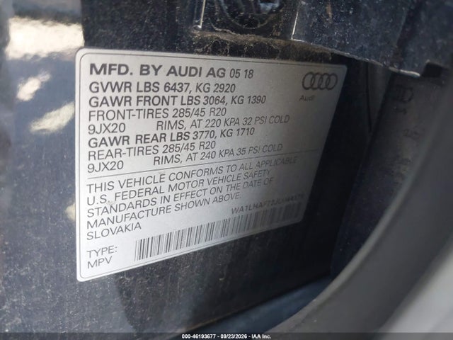 2018 Audi Q7 2.0t Premium მანქანა იყიდება აუქციონზე, vin: WA1LHAF72JD044179, აუქციონის ნომერი: 46193677