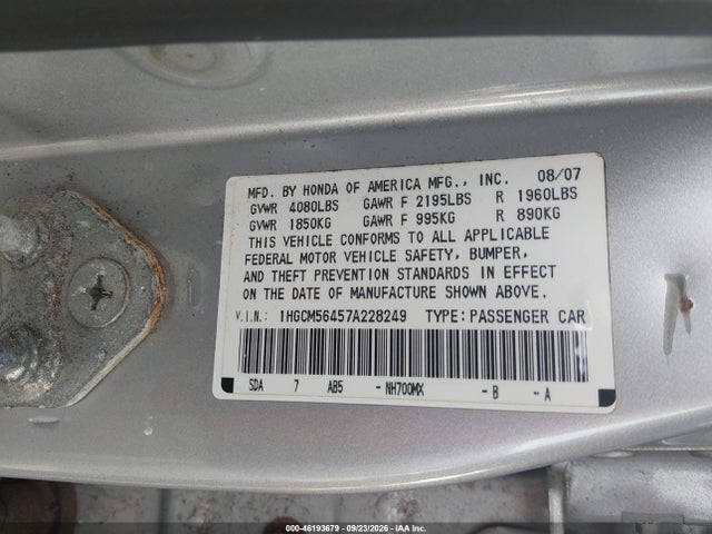 Aukcja sprzedaży 2007 Honda Accord 2.4 Lx, vin: 1HGCM56457A228249, numer aukcji: 46193679