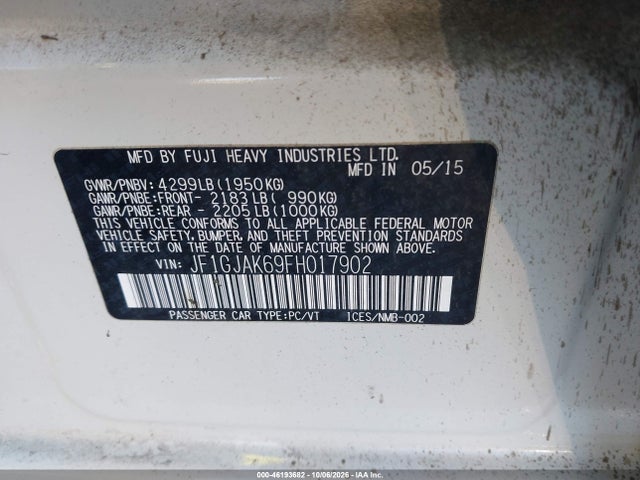 2015 Subaru Impreza Premium მანქანა იყიდება აუქციონზე, vin: JF1GJAK69FH017902, აუქციონის ნომერი: 46193682