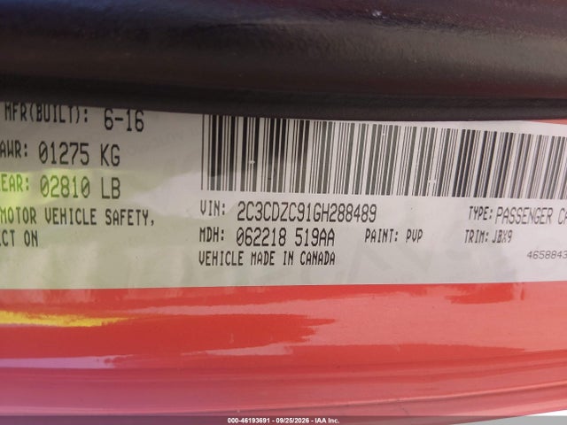 Продаж на аукціоні авто 2016 Dodge Challenger, vin: 2C3CDZC91GH288489, номер лоту: 46193691