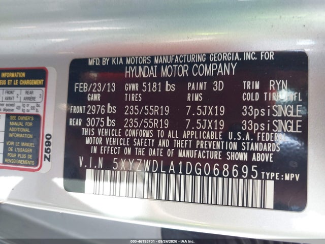 46193701 :رقم المزاد ، 5XYZWDLA1DG068695 vin ، 2013 Hyundai Santa Fe 2.0t Sport مزاد بيع