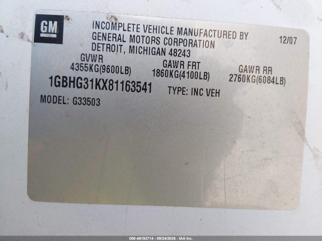 2008 Chevrolet Express Cutaway Work Van მანქანა იყიდება აუქციონზე, vin: 1GBHG31KX81163541, აუქციონის ნომერი: 46193714