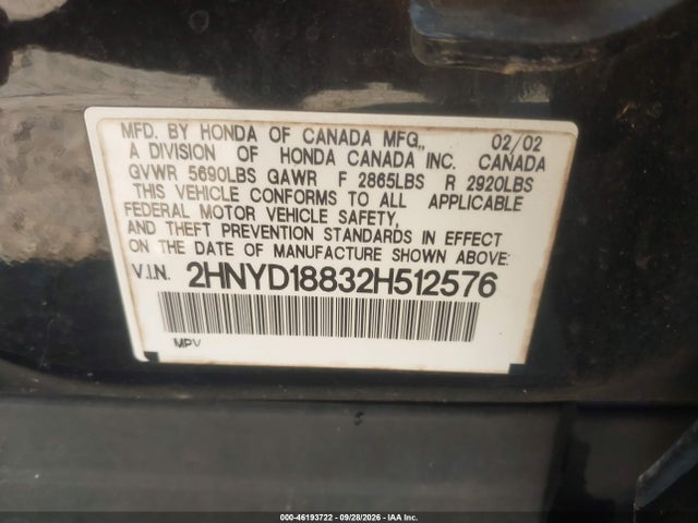 46193722 :رقم المزاد ، 2HNYD18832H512576 vin ، 2002 Acura Mdx مزاد بيع