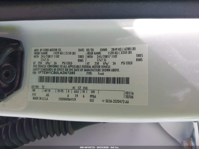46193723 :رقم المزاد ، 1FTEW1CB0LKD67285 vin ، 2020 Ford F-150 Xl مزاد بيع