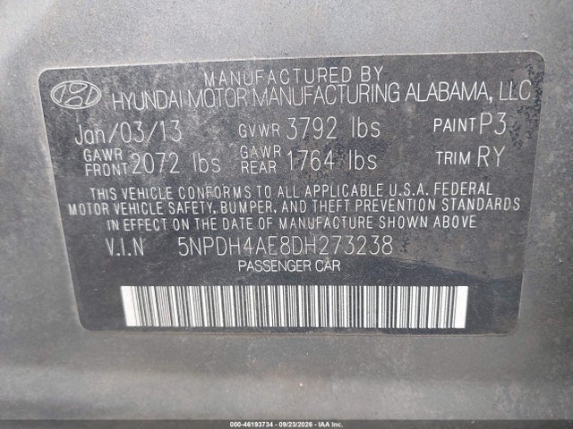 2013 Hyundai Elantra Limited მანქანა იყიდება აუქციონზე, vin: 5NPDH4AE8DH273238, აუქციონის ნომერი: 46193734