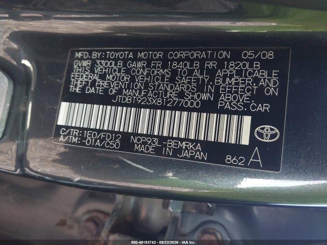 Aukcja sprzedaży 2008 Toyota Yaris, vin: JTDBT923X81277000, numer aukcji: 46193743