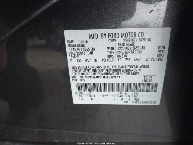 2017 Ford Edge Sel მანქანა იყიდება აუქციონზე, vin: 2FMPK4J85HBB02971, აუქციონის ნომერი: 46193746