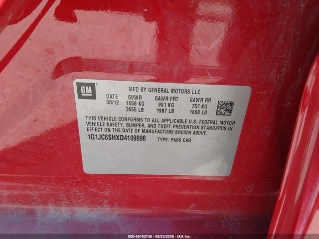 Aukcja sprzedaży 2013 Chevrolet Sonic Lt Auto, vin: 1G1JC6SHXD4109896, numer aukcji: 46193748
