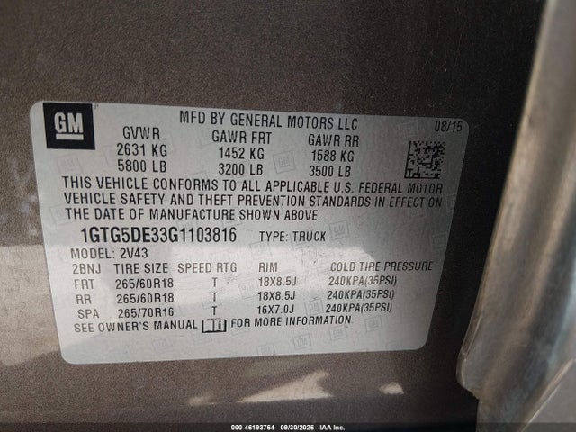 GMC CANYON SLT 2016 1GTG5DE33G1103816 Image 9