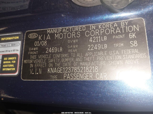 46193788 :رقم المزاد ، KNAGE123785218218 vin ، 2008 Kia Optima Lx مزاد بيع