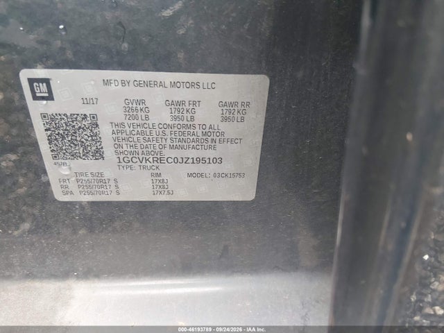 46193789 :رقم المزاد ، 1GCVKREC0JZ195103 vin ، 2018 Chevrolet Silverado 1500 1lt مزاد بيع