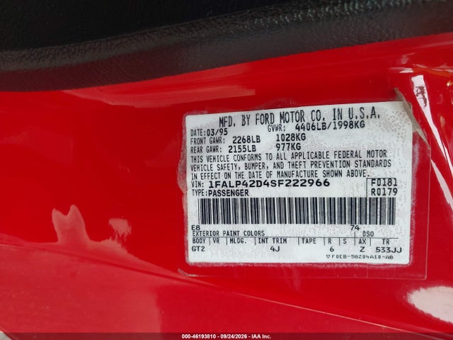 46193810 :رقم المزاد ، 1FALP42D4SF222966 vin ، 1995 Ford Mustang Cobra Svt مزاد بيع