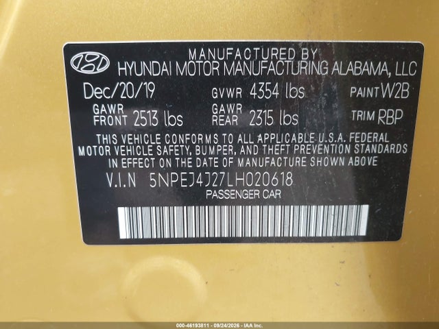 Продаж на аукціоні авто 2020 Hyundai Sonata Sel Plus, vin: 5NPEJ4J27LH020618, номер лоту: 46193811