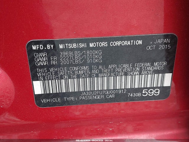 Aukcja sprzedaży 2016 Mitsubishi Lancer Es, vin: JA32U2FU7GU001912, numer aukcji: 46193824