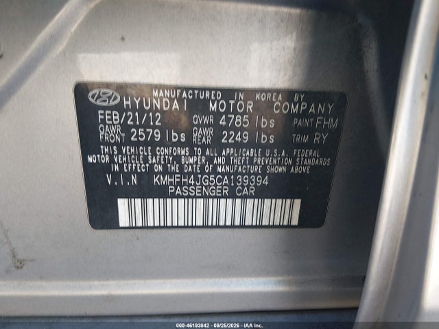 Продаж на аукціоні авто 2012 Hyundai Azera, vin: KMHFH4JG5CA139394, номер лоту: 46193842