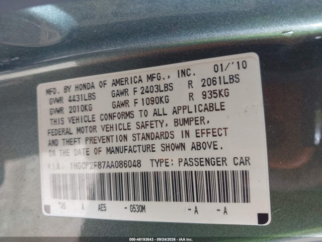 Aukcja sprzedaży 2010 Honda Accord 2.4 Ex-l, vin: 1HGCP2F87AA086048, numer aukcji: 46193843