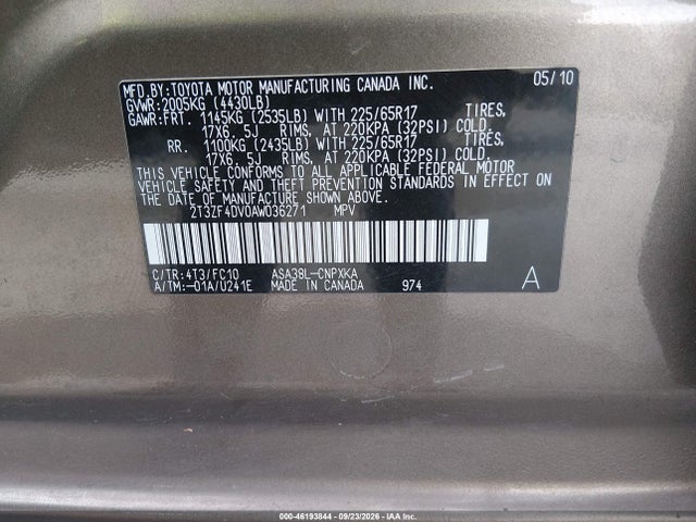 46193844 :رقم المزاد ، 2T3ZF4DV0AW036271 vin ، 2010 Toyota Rav4 مزاد بيع