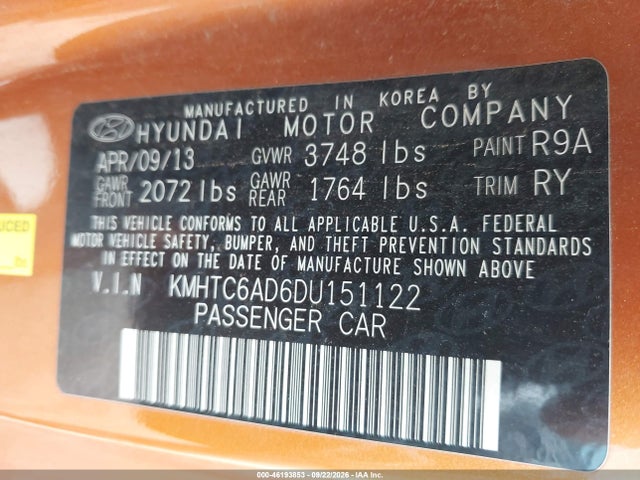 2013 Hyundai Veloster Base W/black მანქანა იყიდება აუქციონზე, vin: KMHTC6AD6DU151122, აუქციონის ნომერი: 46193853