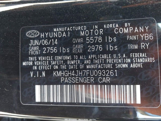 2015 Hyundai Equus Ultimate მანქანა იყიდება აუქციონზე, vin: KMHGH4JH7FU093261, აუქციონის ნომერი: 46193855