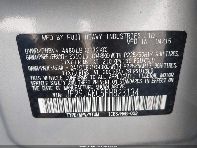 Продаж на аукціоні авто 2015 Subaru Forester 2.5i Limited, vin: JF2SJAKC5FH823134, номер лоту: 46193864