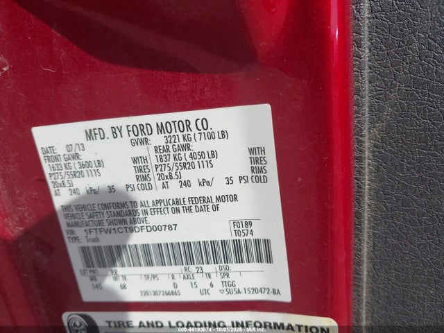2013 Ford F-150 Fx2 მანქანა იყიდება აუქციონზე, vin: 1FTFW1CT9DFD00787, აუქციონის ნომერი: 46193874