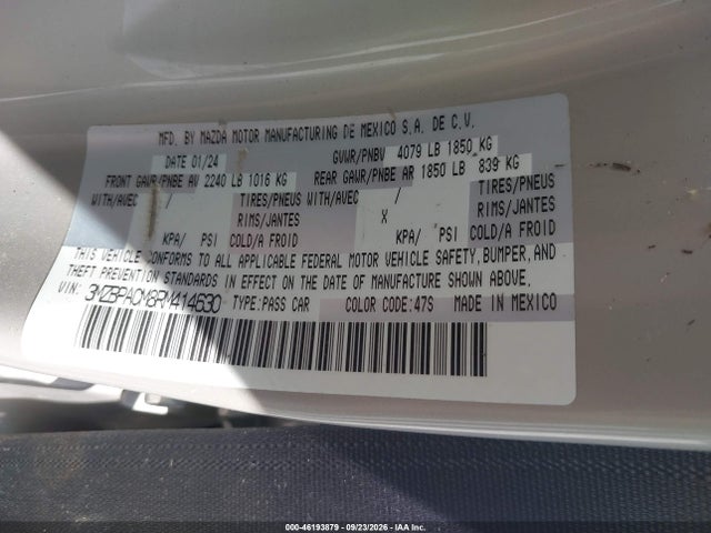 Продаж на аукціоні авто 2024 Mazda Mazda3 2.5 S Preferred, vin: 3MZBPACM8RM414630, номер лоту: 46193879