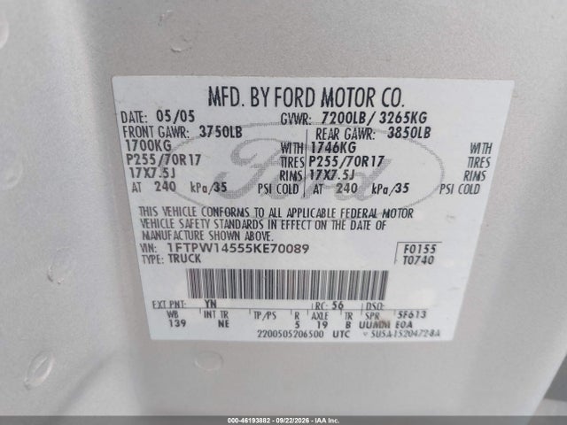 46193882 :رقم المزاد ، 1FTPW14555KE70089 vin ، 2005 Ford F-150 Fx4/lariat/xlt مزاد بيع