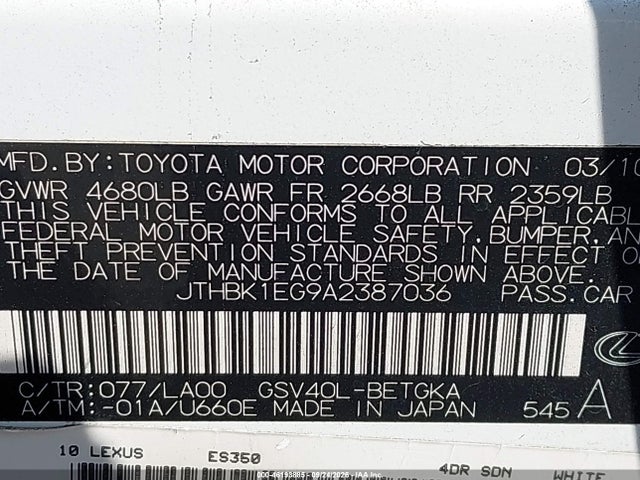 Продажа на аукционе авто 2010 Lexus Es 350, vin: JTHBK1EG9A2387036, номер лота: 46193885